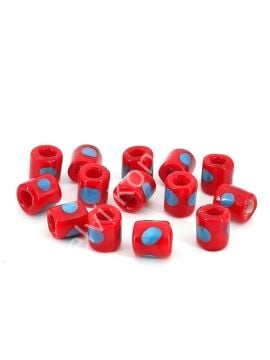 El Yapımı Mavi Benekli Kırmızı Murano Silindir Cam Boncuk