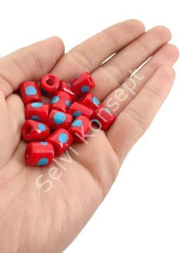 El Yapımı Mavi Benekli Kırmızı Murano Silindir Cam Boncuk