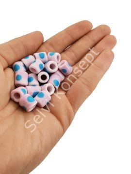 El Yapımı Mavi Benekli Pembe Murano Silindir Cam Boncuk