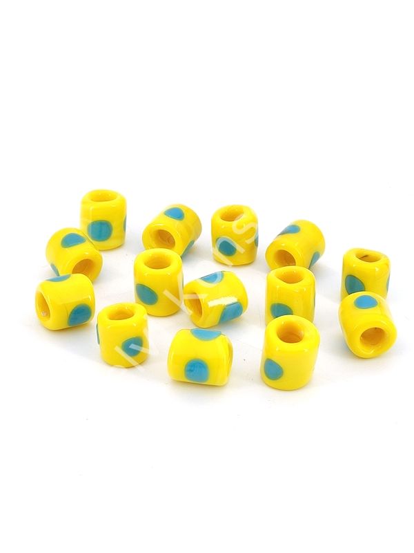 El Yapımı Mavi Benekli Sarı Murano Silindir Cam Boncuk