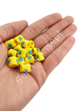 El Yapımı Mavi Benekli Sarı Murano Silindir Cam Boncuk