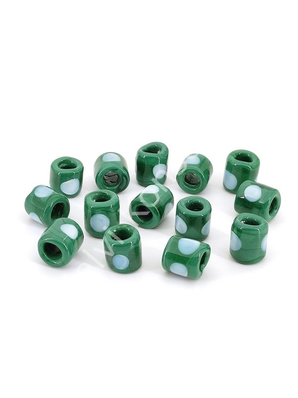 El Yapımı Beyaz Benekli Yeşil Murano Silindir Cam Boncuk