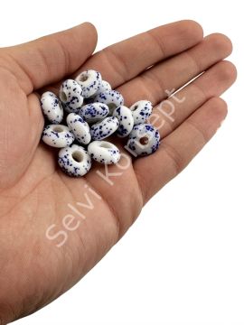 Murano Mavi Benekli Rondela Cam Boncuk Beyaz 10 Adet