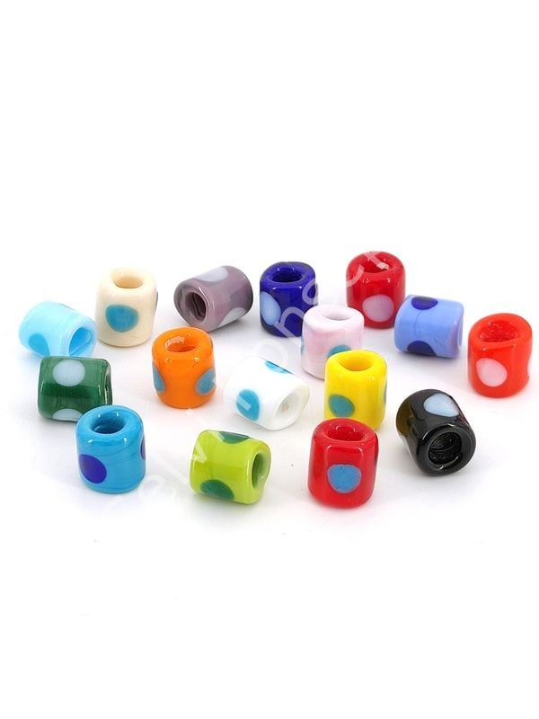 El Yapımı Karışık Renkli Benekli Murano Silindir Cam Boncuk 16 Adet