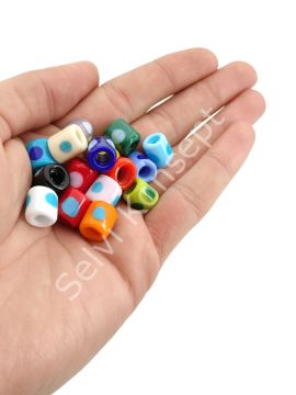 El Yapımı Karışık Renkli Benekli Murano Silindir Cam Boncuk 16 Adet