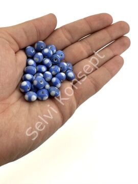 Murano Beyaz Benekli Minik Rondela Cam Boncuk Mavi 50 Adet