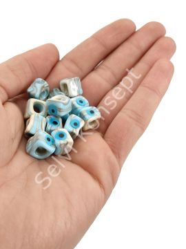 El Yapımı Krem-Mavi Ebruli Gözlü Murano Kare Cam Boncuk