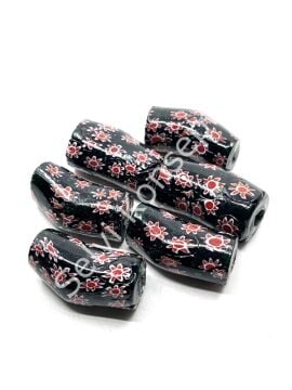 Gana-Krobo Eğri Parlak Cam Boncuk Çiçekli Siyah 17x33 mm 10 Adet
