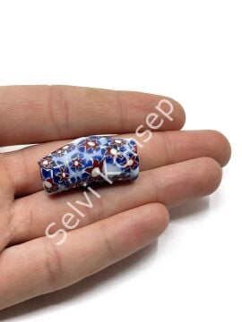 Gana-Krobo Eğri Parlak Cam Boncuk Çiçekli Beyaz 17x33 mm 10 Adet