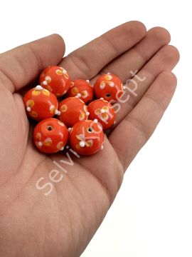 Murano Yuvarlak Çiçek Cam Boncuk Turuncu 17 Adet