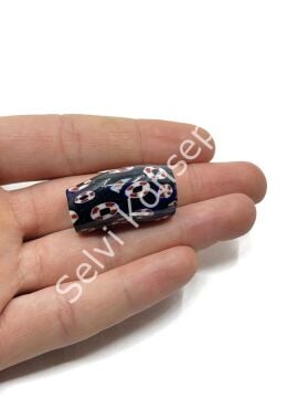 Gana-Krobo Eğri Parlak Cam Boncuk Desenli Lacivert 17x33 mm 10 Adet