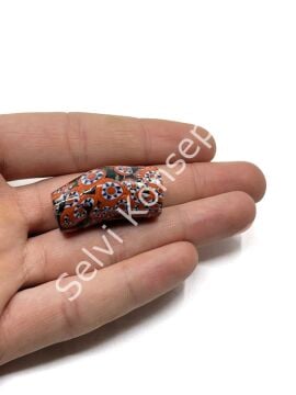 Gana-Krobo Eğri Parlak Cam Boncuk Çiçekli Turuncu 17x33 mm 10 Adet