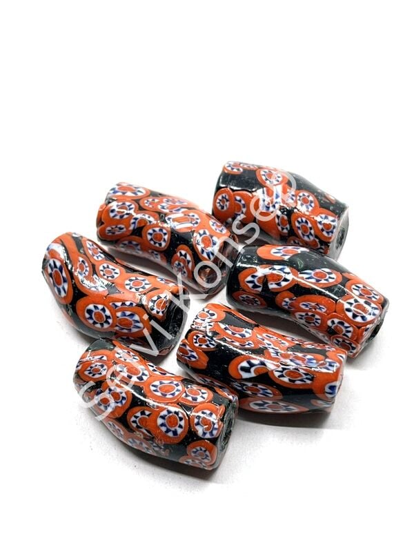 Gana-Krobo Eğri Parlak Cam Boncuk Çiçekli Turuncu 17x33 mm 10 Adet