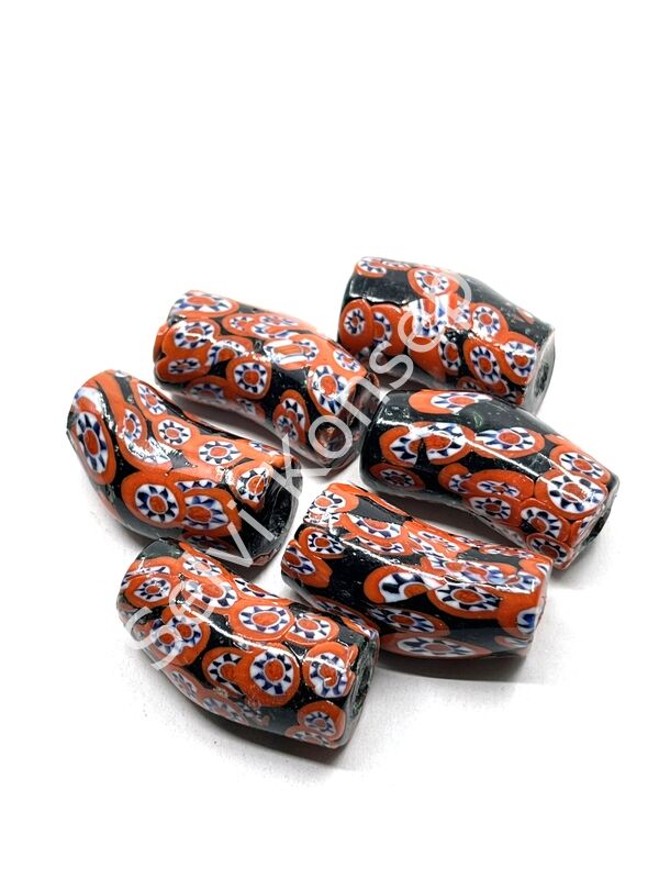 Gana-Krobo Eğri Parlak Cam Boncuk Çiçekli Turuncu 17x33 mm 10 Adet