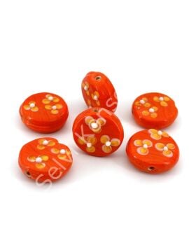 Murano Yassı Çiçek Cam Boncuk Turuncu 25 mm 10 Adet