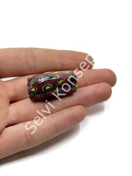 Gana-Krobo Eğri Parlak Cam Boncuk Desenli Kahverengi 17x33 mm 10 Adet