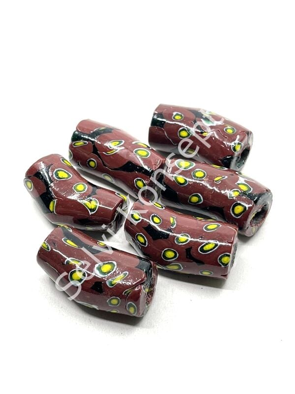 Gana-Krobo Eğri Parlak Cam Boncuk Desenli Kahverengi 17x33 mm 10 Adet