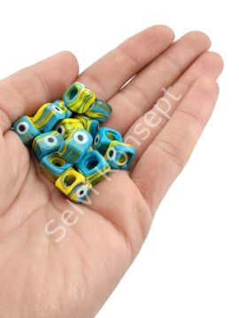 El Yapımı Sarı-Mavi Ebruli Gözlü Murano Kare Cam Boncuk