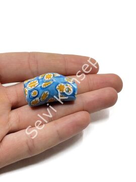 Gana-Krobo Eğri Parlak Cam Boncuk Çiçekli Mavi 17x33 mm 10 Adet