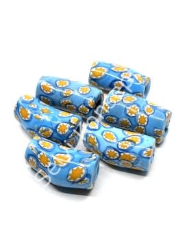 Gana-Krobo Eğri Parlak Cam Boncuk Çiçekli Mavi 17x33 mm 10 Adet