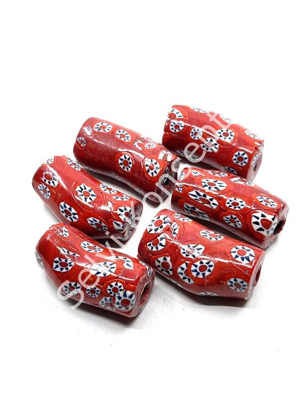 Gana-Krobo Eğri Parlak Cam Boncuk Çiçekli Kırmızı 17x33 mm 10 Adet