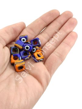 El Yapımı Turuncu-Lacivert Ebruli Gözlü Murano Kare Cam Boncuk