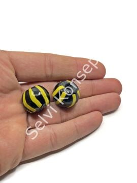 Siyah-Sarı Çizgili Yuvarlak Cam Boncuk 20x16 mm 10 Adet