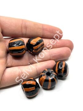 Siyah-Turuncu Çizgili Cam Boncuk 18x16 mm 10 Adet