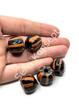 Siyah-Turuncu Çizgili Cam Boncuk 18x16 mm 20 Adet