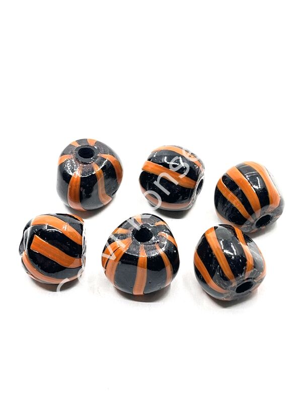 Siyah-Turuncu Çizgili Cam Boncuk 18x16 mm 20 Adet