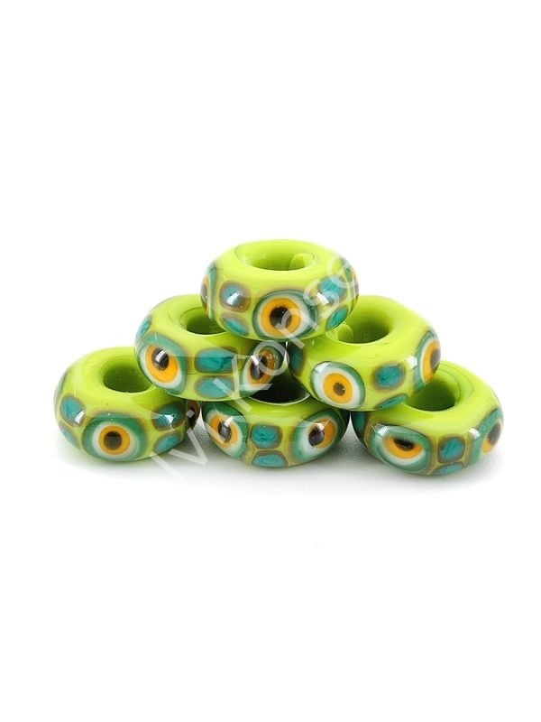 El Yapımı Benekli Dört Gözlü Murano Yeşil Rondela Cam Boncuk