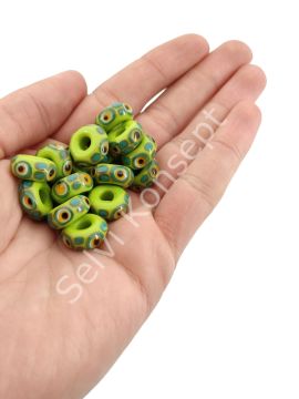 El Yapımı Benekli Dört Gözlü Murano Yeşil Rondela Cam Boncuk