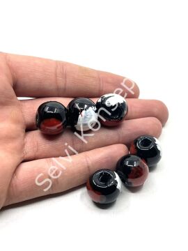 Siyah Üzeri Kırmızı-Beyaz Desenli Cam Boncuk 16x13 mm 50 Adet