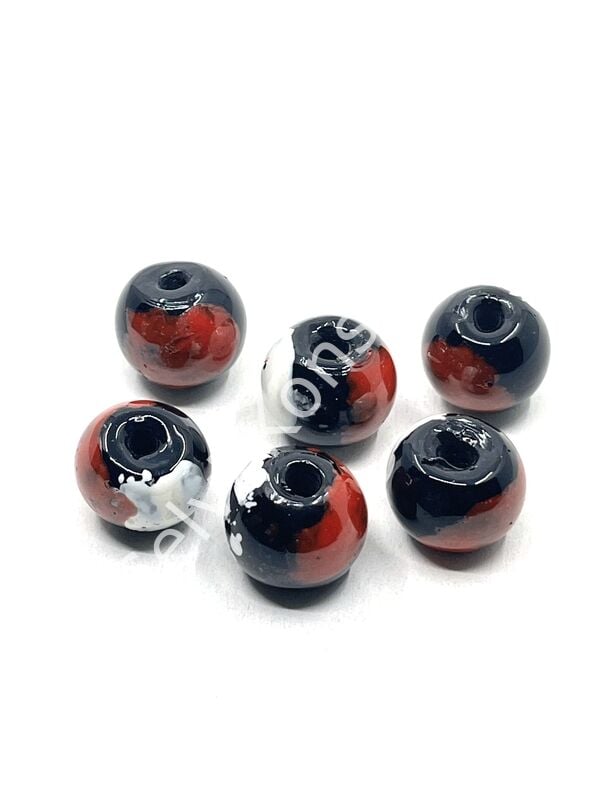 Siyah Üzeri Kırmızı-Beyaz Desenli Cam Boncuk 16x13 mm 10 Adet