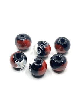 Siyah Üzeri Kırmızı-Beyaz Desenli Cam Boncuk 16x13 mm 50 Adet