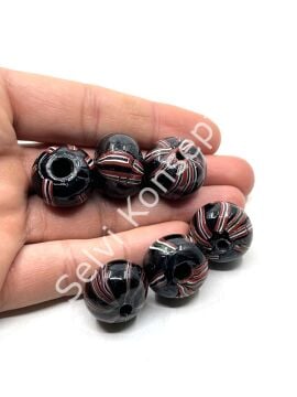 Siyah Üzeri Kırmızı-Beyaz Çizgili Cam Boncuk 20x14 mm 40 Adet