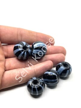 Siyah-Gri Çizgili Yuvarlak Cam Boncuk 18x16 mm 10 Adet