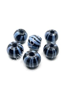 Siyah-Gri Çizgili Yuvarlak Cam Boncuk 18x16 mm 10 Adet