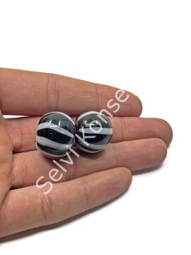 Siyah-Beyaz Çizgili Yuvarlak Cam Boncuk 19x16 mm 10 Adet