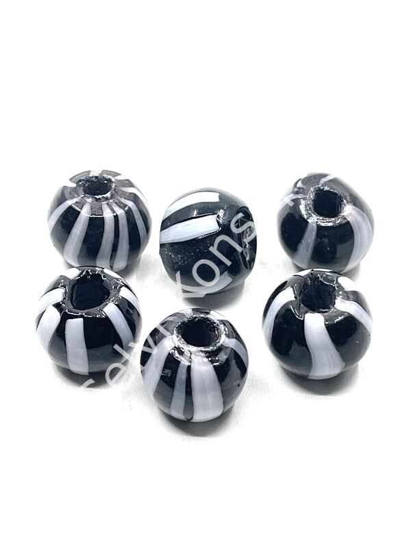 Siyah-Beyaz Çizgili Yuvarlak Cam Boncuk 19x16 mm 10 Adet