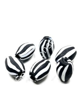 Siyah-Beyaz Çizgili Oval Mat Cam Boncuk 16x24 mm 10 Adet