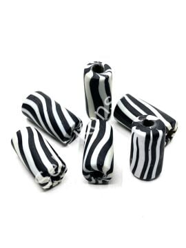 Siyah-Beyaz Çizgili Silindir Mat Cam Boncuk 13x29 mm 10 Adet