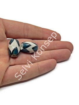 Üçgen Çizgili Seramik Boncuk Yeşil-Beyaz 12x18 mm 10 Adet