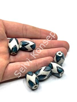 Üçgen Çizgili Seramik Boncuk Yeşil-Beyaz 12x18 mm 10 Adet