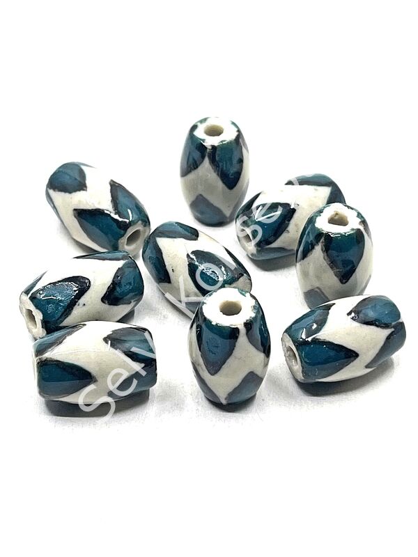 Üçgen Çizgili Seramik Boncuk Yeşil-Beyaz 12x18 mm 10 Adet