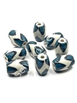 Üçgen Çizgili Seramik Boncuk Yeşil-Beyaz 12x18 mm 10 Adet