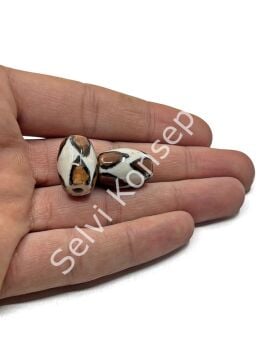 Üçgen Çizgili Seramik Boncuk Kahverengi-Beyaz 12x18 mm 10 Adet
