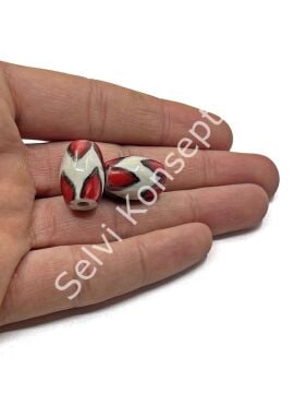 Üçgen Çizgili Seramik Boncuk Kırmızı-Beyaz 12x18 mm 10 Adet