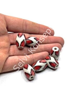 Üçgen Çizgili Seramik Boncuk Kırmızı-Beyaz 12x18 mm 10 Adet
