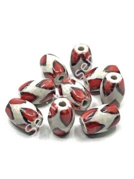 Üçgen Çizgili Seramik Boncuk Kırmızı-Beyaz 12x18 mm 10 Adet